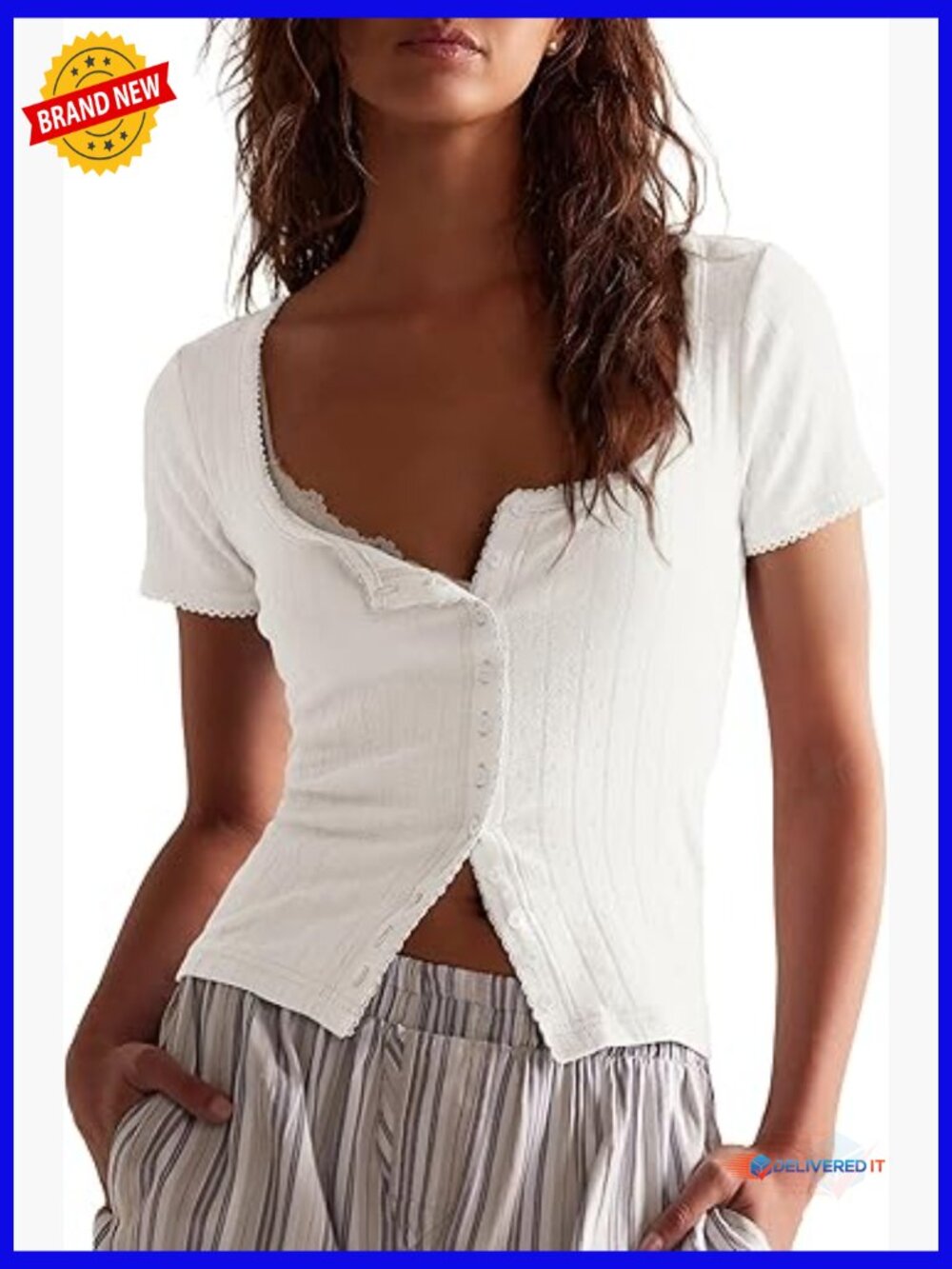 Ribbed Knit Button Down Shirt Square Neck Short Sleeve Summer Fitted Y2K Tight